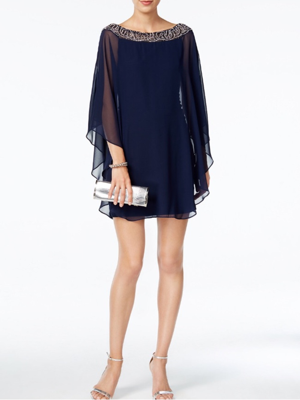 Elegant Navy Jeweled Neck Dress - 14 petite